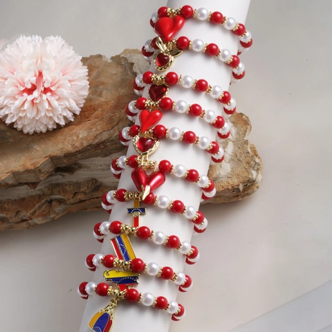 Red White Artificial Pearl Beaded Bracelet Gold Plated Copper Heart Enamel Flag Map Charm Jewelry For Women Elegant
