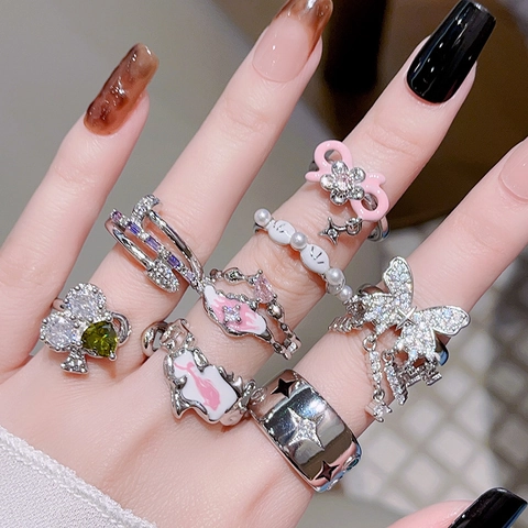 Anelli Aperti Regolabili In Rame Per Donne Zircone Smalto Stile Ins Francese Farfalla Fiocco Stella Gioielli Moda