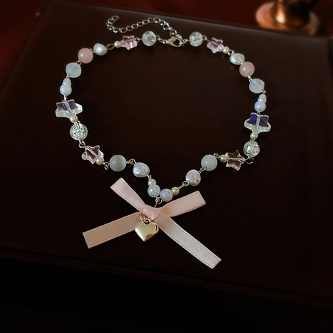 Gargantilla De Cuentas Con Lazo Rosa Colgante De Corazón Perla Artificial Sintética Estrella Acrílico Ojo De Gato Joyería Dulce