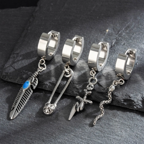 Titanium Stahl Creolen Mit Anhänger Für Herren Damen Punk Gotik Feder Schlange Totenkopf Sicherheitsnadel Silber Farbe
