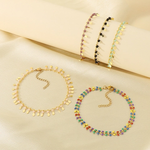 Titanium Steel Anklet For Women Colorful Enamel Water Drop Pendant Boho Style Layered Adjustable Foot Jewelry Chain