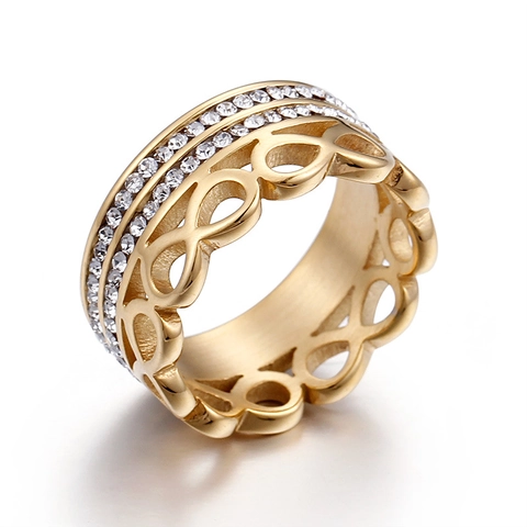 Anillo Infinito Calado Acero De Titanio Doble Fila Circonita Joyería De Moda Para Mujeres