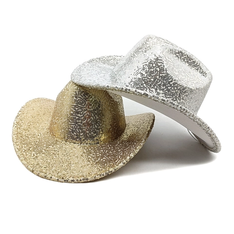 Shiny Sequin Cowboy Hat Wide Brim Sparkly Jazz Cap For Party Stage Performance Western Style Polyester