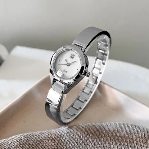 Women Bangle Wrist Watch Alloy Bracelet Quartz Movement Waterproof Elegant Minimalist Round Dial Roman Numeral XII Style