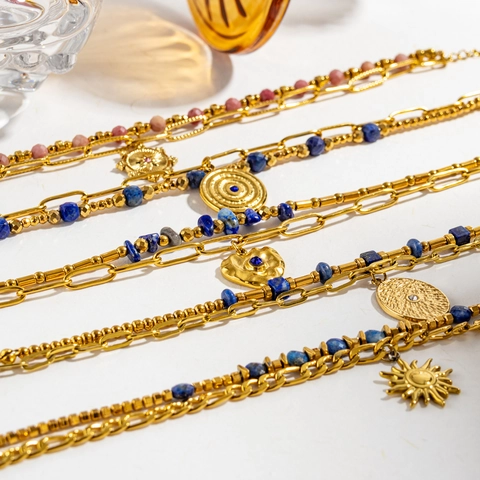 Bohemian Stainless Steel Double Layered Bracelet With Natural Stone Lapis Lazuli Sun Heart Star Pendant For Women Retro Gold Jewelry