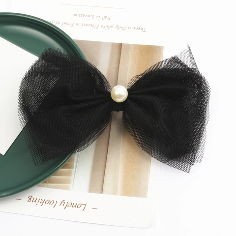 Elegante Pinza Para El Pelo Con Lazo De Encaje De Malla Negra Grande Con Imitación De Perla Artificial Estilo Bosque Estética De Hada Para Mujer