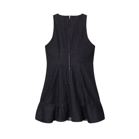 Vestido Corto De Mezclilla Sin Mangas Cuello Redondo Dobladillo De Sirena Con Volantes Cremallera Trasera Ropa Mujer