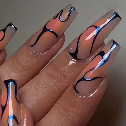 Sarg Druck Auf Nägel Lang Aurora Blau Ripple Gradient Künstliche Falsche Fingernägel Glänzend Ins Stil
