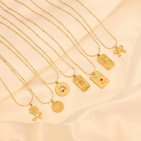 Vintage Tarot-Anhänger Halskette Für Damen Edelstahl Vergoldet Rose Hand Stern Mond Böser Blick Strass Retro Schmuck