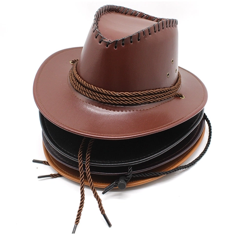 Western Cowboy Hat PU Faux Leather Wide Brim Retro Ethnic Glossy With Braided Rope Adjustable Strap Outdoor Knight