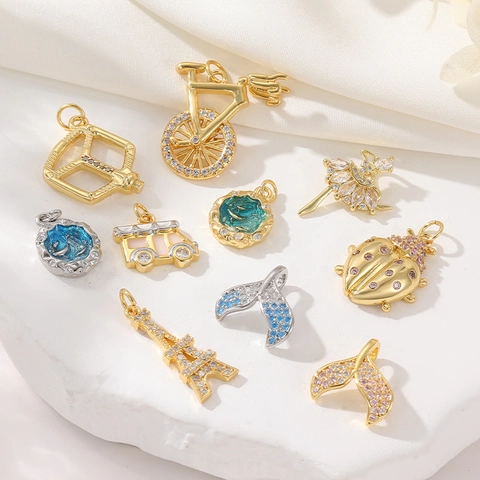 Gold Plated Copper Charms Cubic Zirconia Pendants DIY Jewelry Making Findings Fish Tail Tower Bicycle Ballet Dancer