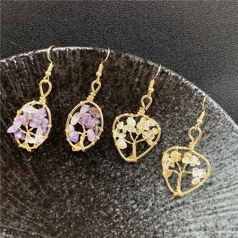 Tree Of Life Dangle Earrings Natural Crushed Stone Wire Wrapped Bohemian Ethnic Handmade Jewelry For Women