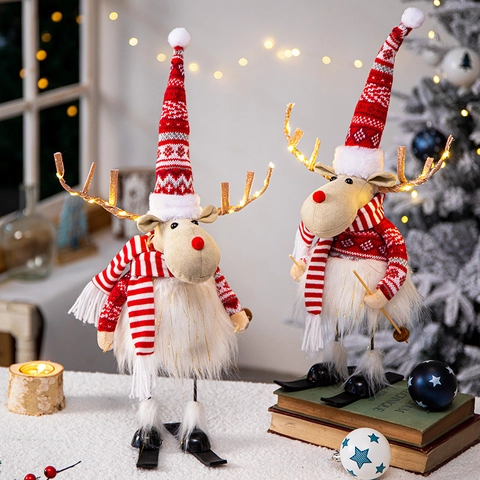 Nordische Plüsch Weihnachtsrentier Dekoration Mit LED Leuchtendem Geweih Ski Elch Figur Feiertags Heim Tisch Deko Party Requisite