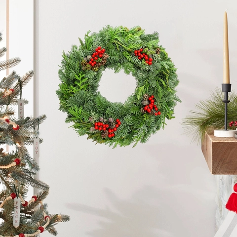 Weihnachtskranz Wandtattoo PVC Tannennadeln Rote Beeren Kiefernzapfen Aufkleber Für Wohnzimmer Zuhause Fenster Deko