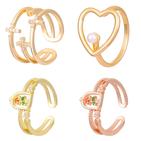 Vintage Copper Open Ring For Women Heart Castle Flower Cross Adjustable Rhinestone Artificial Pearl Double Layered Jewelry