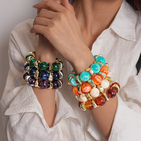 Chunky Bead Bracelet Acrylic Marble Texture Elastic Bangle Vintage Golden Metal Spacer Jewelry For Women