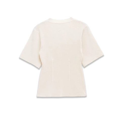 Women Short Sleeve Knit Top Round Neck Ribbed Sweater Black Bow Decoration Elegant Slim Fit Solid Color Cream White
