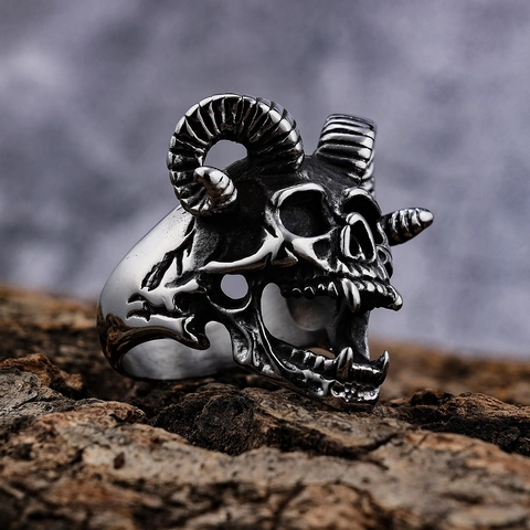 Anello Teschio Di Ariete Gotico Acciaio Inossidabile Corno Di Pecora Punk Rock Gioielli Biker Retro Argento Ossidato