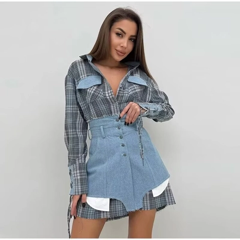 Plaid Langarmhemd Und Shorts Mit Hoher Taille Street Style Patchwork Tasche Knopf Bindemanschetten Mode