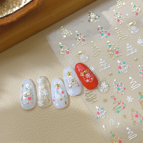 Pegatinas Uñas Navidad 5D Relieve Bronceado Dorado Copos Nieve Árbol Navidad Auto Adhesivo Decoración Manicura