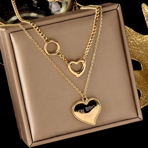 Minimalist Stainless Steel Double Layer Heart Pendant Necklace For Women Gold Plated Love You More Engraved Jewelry Gift