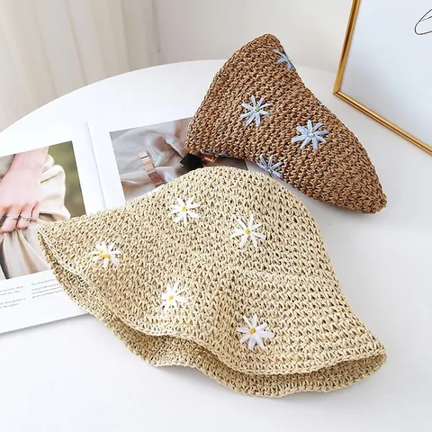 Cappello Di Paglia Da Donna Cappello Alla Pescatora Carta Intrecciata Ricamo Margherita Protezione Solare Estate Spiaggia Vacanze Traspirante