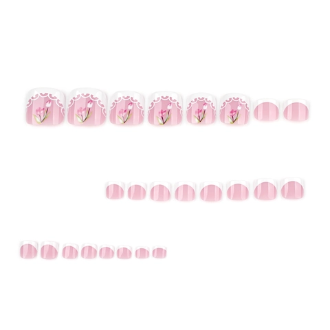 French Pink White Press On Toenails Tulip Flower Lace Design Artificial Fake Foot Nails For Women