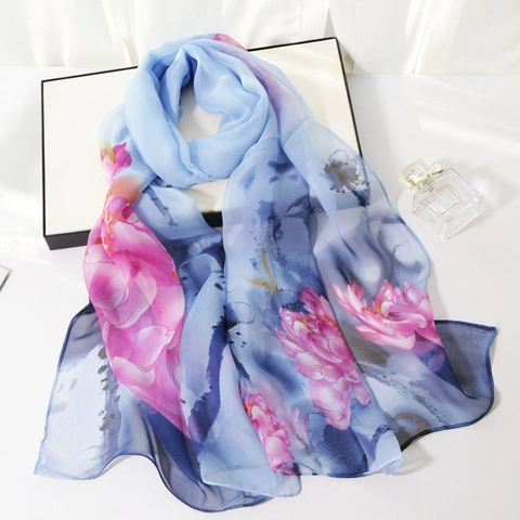 Women Long Scarf Georgette Faux Satin Sun Protection Lightweight Thin Ink Wash Floral Leaf Print Elegant Summer Spring Shawl