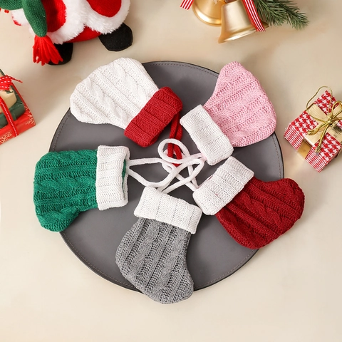 Mini Calcetines De Navidad Soportes Para Cubiertos Tejido Trenzado Poliéster Adornos Colgantes Decoración Mesa Fiesta