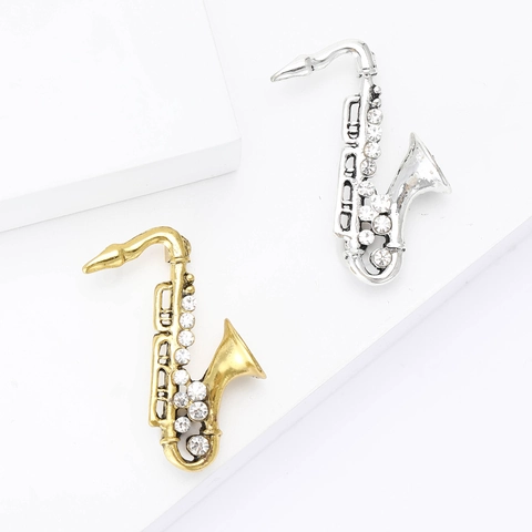 Vintage Legierung Emaille Saxophon Brosche Für Herren Damen Antik Gold Silber Strass Eingelegt Musikinstrument Corsage Anstecknadel