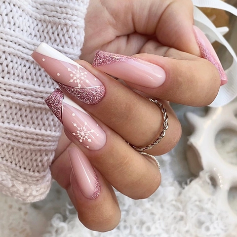 Weihnachts Kunstnägel Coffin Lang Rosa Schneeflocken Glitzer Gradient Französischer Stil Für Frauen Falsche Nägel