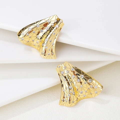 18K Gold Plated Copper Stud Earrings Irregular Pleated Fan Shape Colorful Zircon Rhinestone Exaggerated Luxury For Women