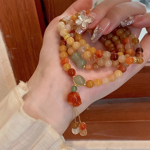 Agate Jade Multi Layer Beaded Bracelet Flower Tassel Gourd Pendant New Chinese Style Retro Ethnic Elegant Hand Jewelry Women
