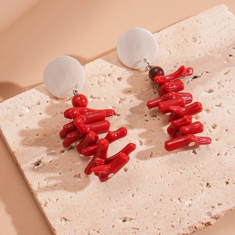 Pendientes De Rama De Resina Estilo Coral Rojo Con Poste De Plata Esterlina 925 Concha Redonda Estilo Vacaciones Mujer
