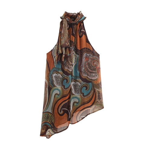Top Halter Da Donna Asimmetrico Boho Paisley Stampa Pieghettato Senza Maniche Camicetta Chiffon Con Filo Metallico Dorato