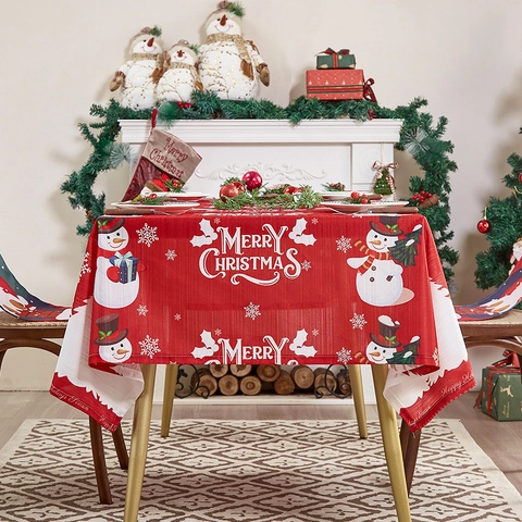 Amerikaanse Kerst Kerstman Sneeuwman Bedrukt Rood Tafelkleed Polyester Rechthoekig Wasbaar Tafelkleed Voor Dineren Vakantie Decoratie Huis Feest