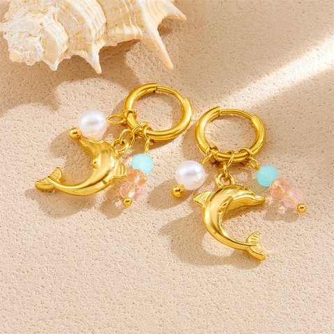 Pendientes De Aro Con Colgante De Delfín De Acero Inoxidable Con Perla Artificial Y Cuentas De Colores Joyería Marina Mujeres