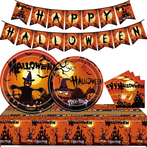 Vaisselle De Fête Halloween Jetable Assiettes En Papier Gobelets Serviettes Nappe Bannière Orange Noir Citrouille Décor
