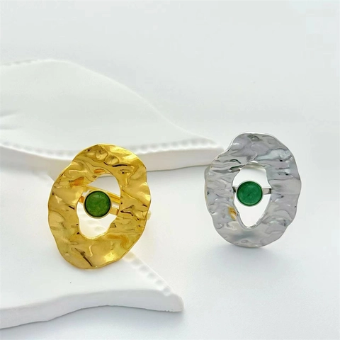 Vintage French Style Stainless Steel Hammered Green Rhinestone Adjustable Open Ring Geometric Elegant Jewelry For Women