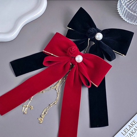 Elegant Velvet Satin Bowknot Hair Clips With Rhinestones Faux Artificial Pearl Tassels French Vintage Style Accessories For Women