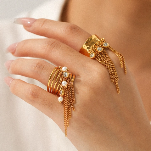 Anello Aperto In Acciaio Inossidabile Con Catena Lunga Con Nappe Perla Artificial Zircone Placcato Oro Gioielli Boho Per Donne