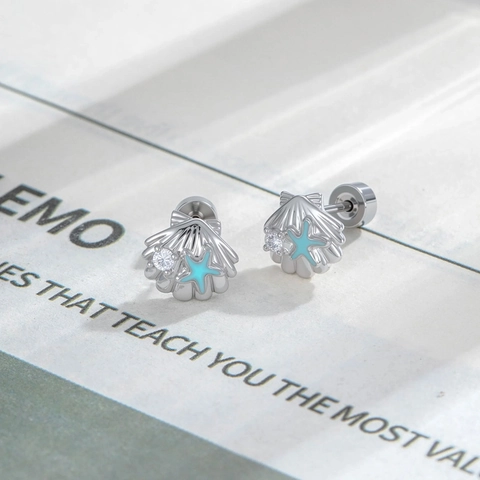 Starfish Shell Cartilage Stud Earring Blue Enamel Zircon Titanium Steel Screw Back Piercing Ocean Beach Style Jewelry