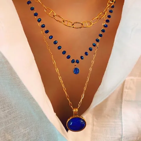 Collana A Strati Vintage Lega Placcata Oro Catena Naso Di Maiale Perla Di Vetro Blu Ciondolo Pietra Preziosa Ovale