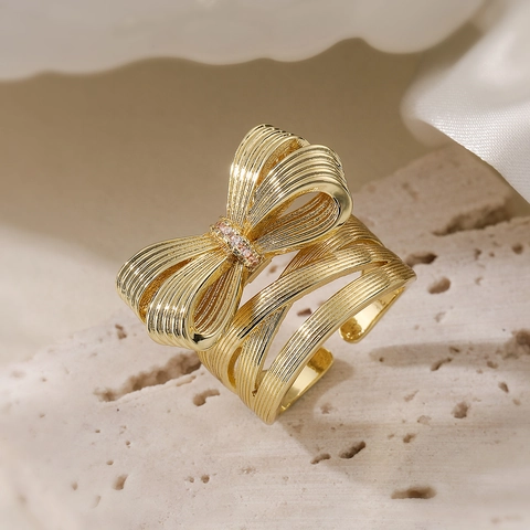 Schleifenring Kupfer 18K Vergoldet Mit Rosa Zirkon Gebürstete Textur Verstellbares Offenes Design Nischenschmuck Damen