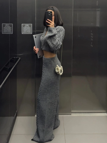 Cardigan E Pantaloni In Maglia Donna Trecce Bottoni Vita Alta Gamba Larga Vintage Tinta Unita Completo