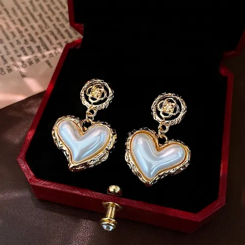 Pendientes Colgantes De Corazón Con Flor Calada Y Poste De Plata De Ley 925 Cobre Perla Artificial Joyería Vintage