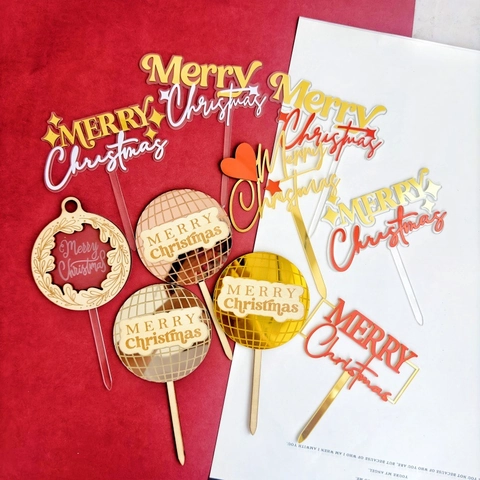 Merry Christmas Cake Toppers Acrylic Wood Mirror Disco Ball Gold Hot Stamping Party Decorations For Holiday Dessert