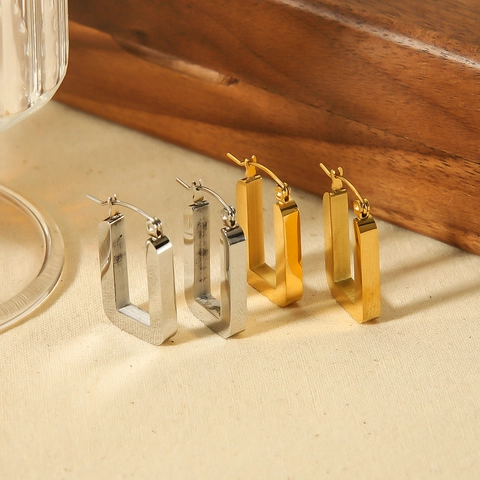 Orecchini A Cerchio Rettangolari In Acciaio Inossidabile Placcato Oro 18K Lucidato Gioielli Geometrici Minimalisti Da Donna