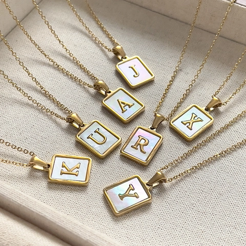 Alphabet Letter Pendant Necklace Stainless Steel 18K Gold Plated Mother Of Artificial Pearl Initial Minimalist Jewelry For Women