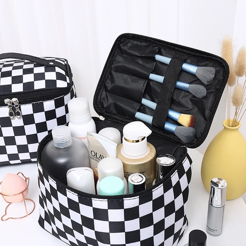 Checkerboard Makeup Bag Waterproof Toiletry Organizer With Brush Slots And Handle Travel Cosmetic Case Polyester
